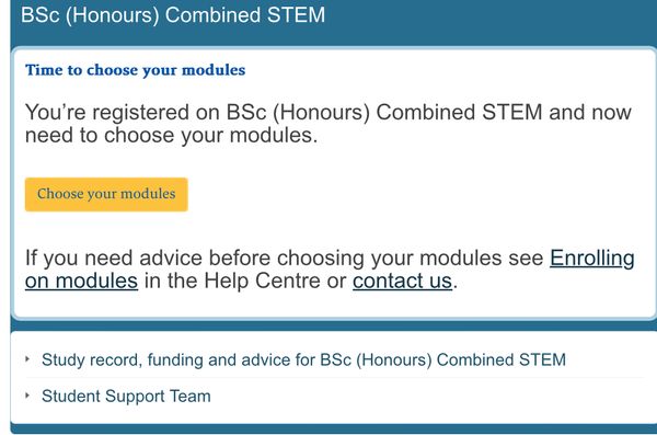 BSc (Hons) Combined STEM degree with the Open University. A screenshot of my successful registration.